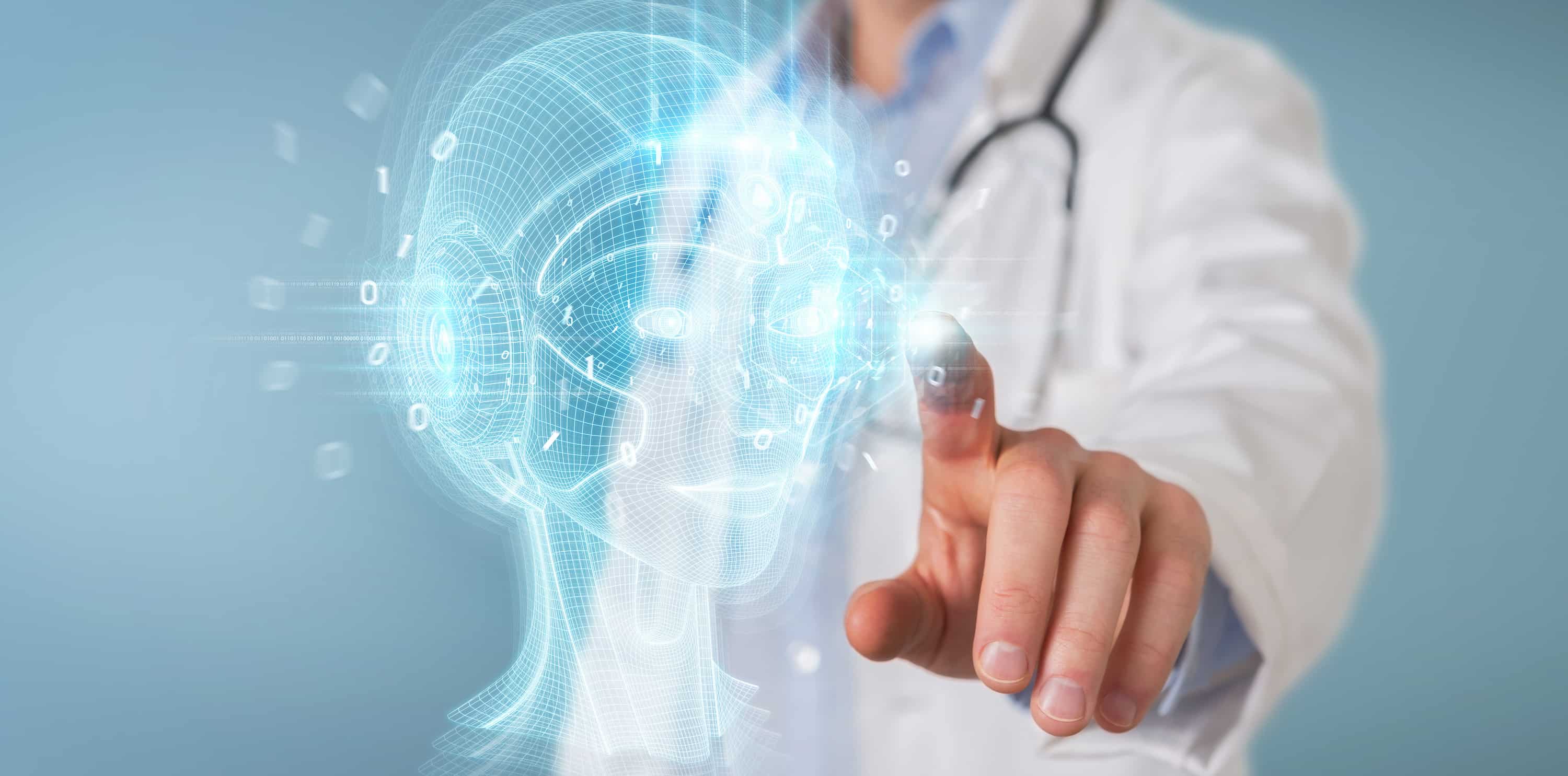 Doctor using digital artificial intelligence head interface 3D rendering