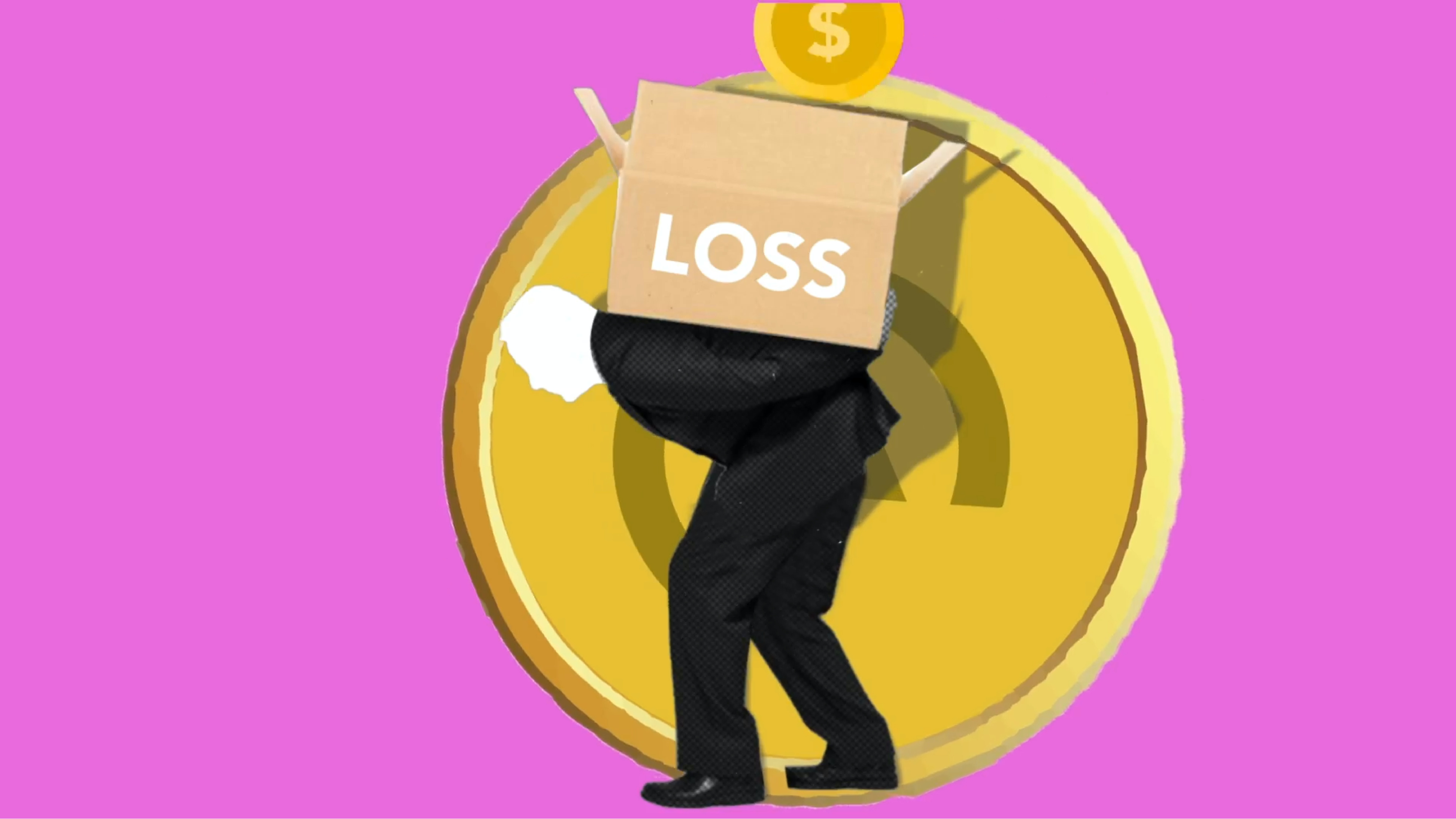 Illustration of a man stooped over at the waist, carrying a brown box labeled “LOSS” on his back.