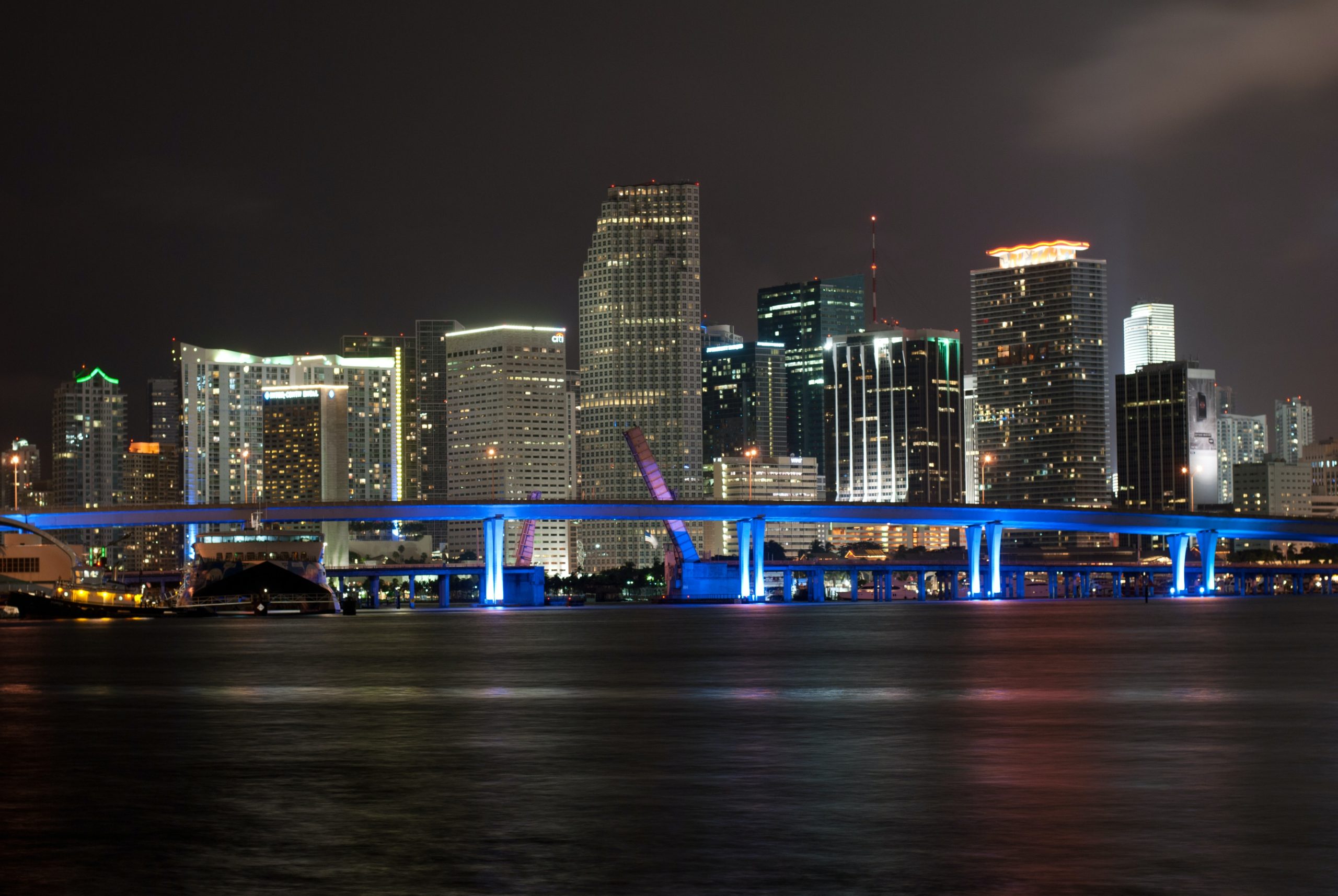 High-rise buildings on the Miami skyline at night.