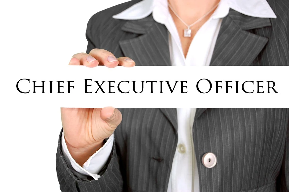 A person holding a white placard with the words “chief executive officer” printed on it.