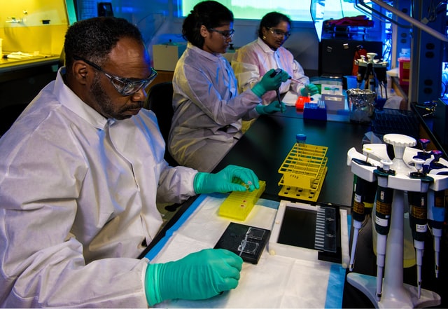 Scientists testing samples in a lab